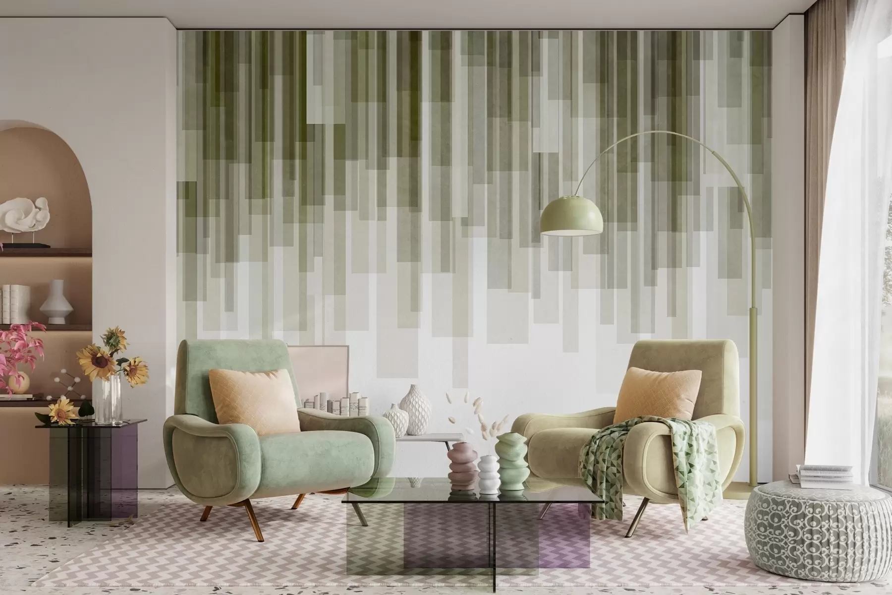fototapet Dreptunghiuri verticale texturate, cu transparență variabilă și nuanțe de verde, artă abstractă w09889