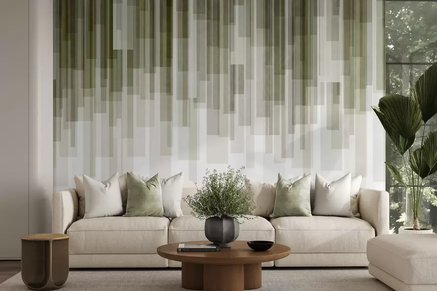 fototapet Dreptunghiuri verticale texturate, cu transparență variabilă și nuanțe de verde, artă abstractă w09889