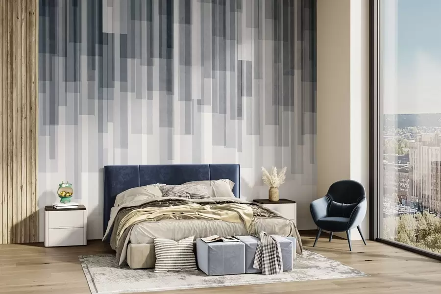 fototapet Dreptunghiuri verticale texturate, cu transparență variabilă și nuanțe de albastru, artă abstractă w09889v2
