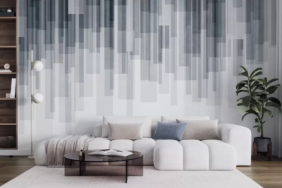 fototapet Dreptunghiuri verticale texturate, cu transparență variabilă și nuanțe de albastru, artă abstractă w09889v2