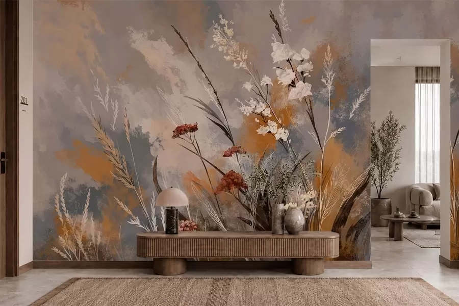 fototapet Plante de câmp în stil abstract, în nuanțe naturale calde w05539