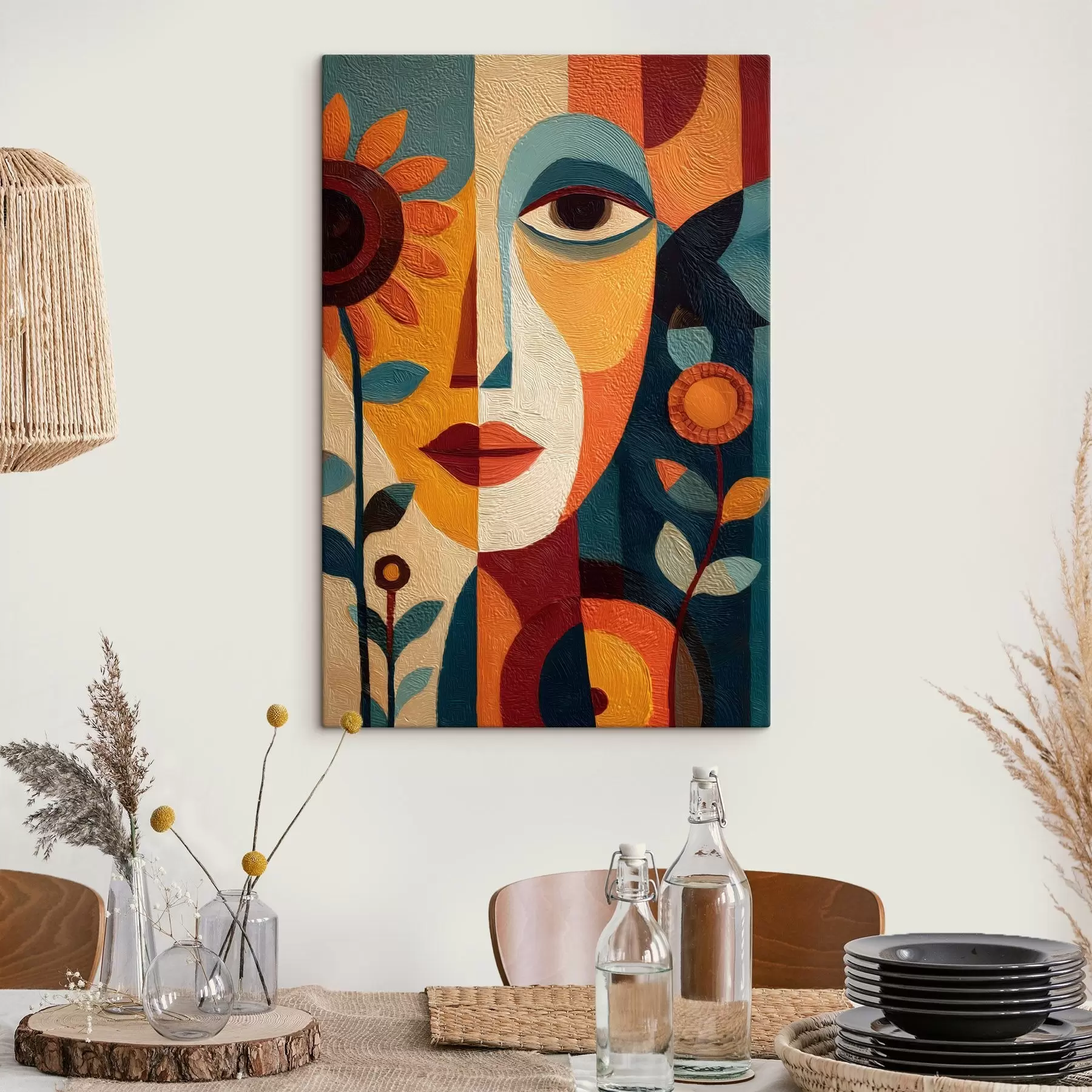 Tablouri Un portret abstract al unei fete cu flori, în stil etnic s49228