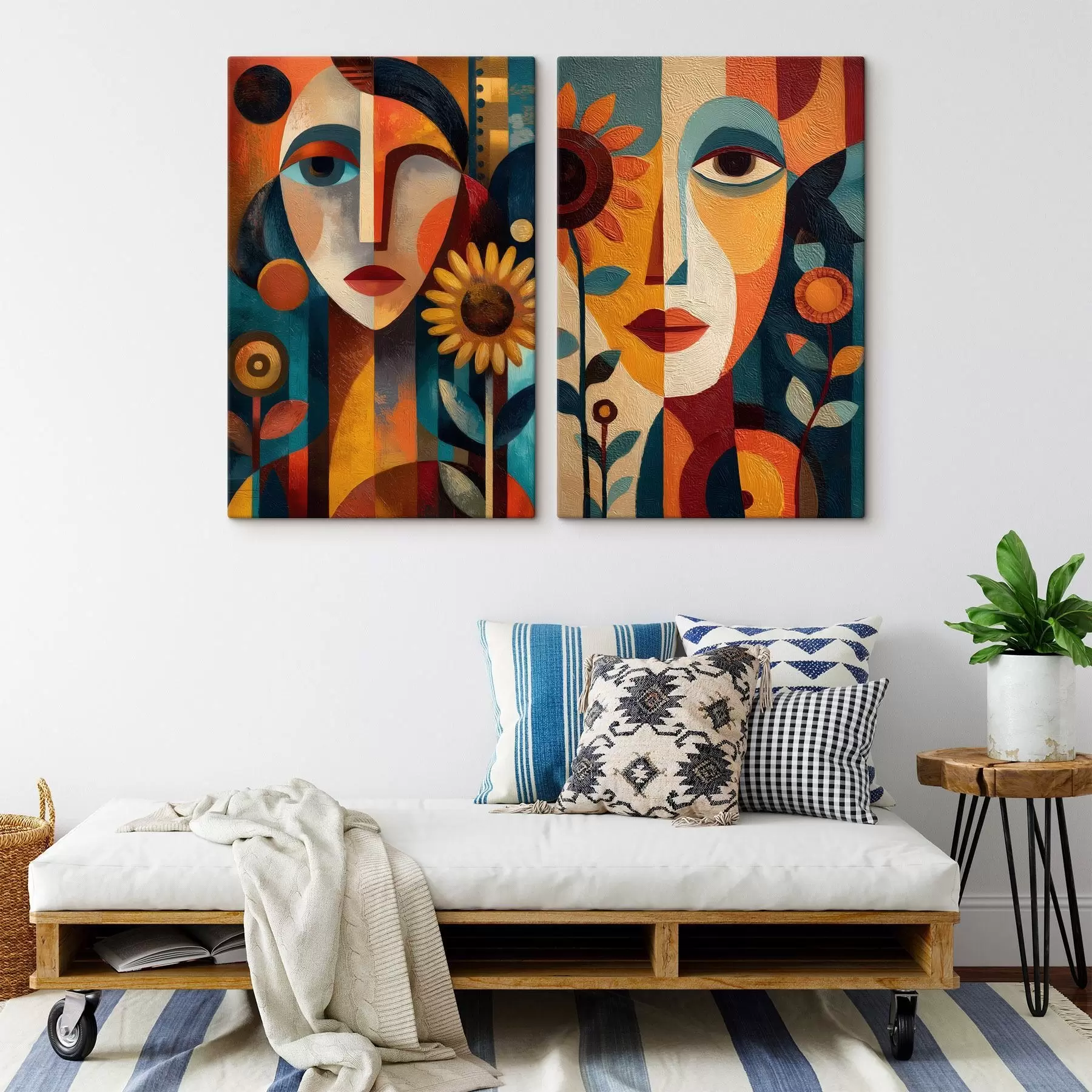 Tablouri Portrete abstracte ale unor fete cu flori, în stil etnic m30532