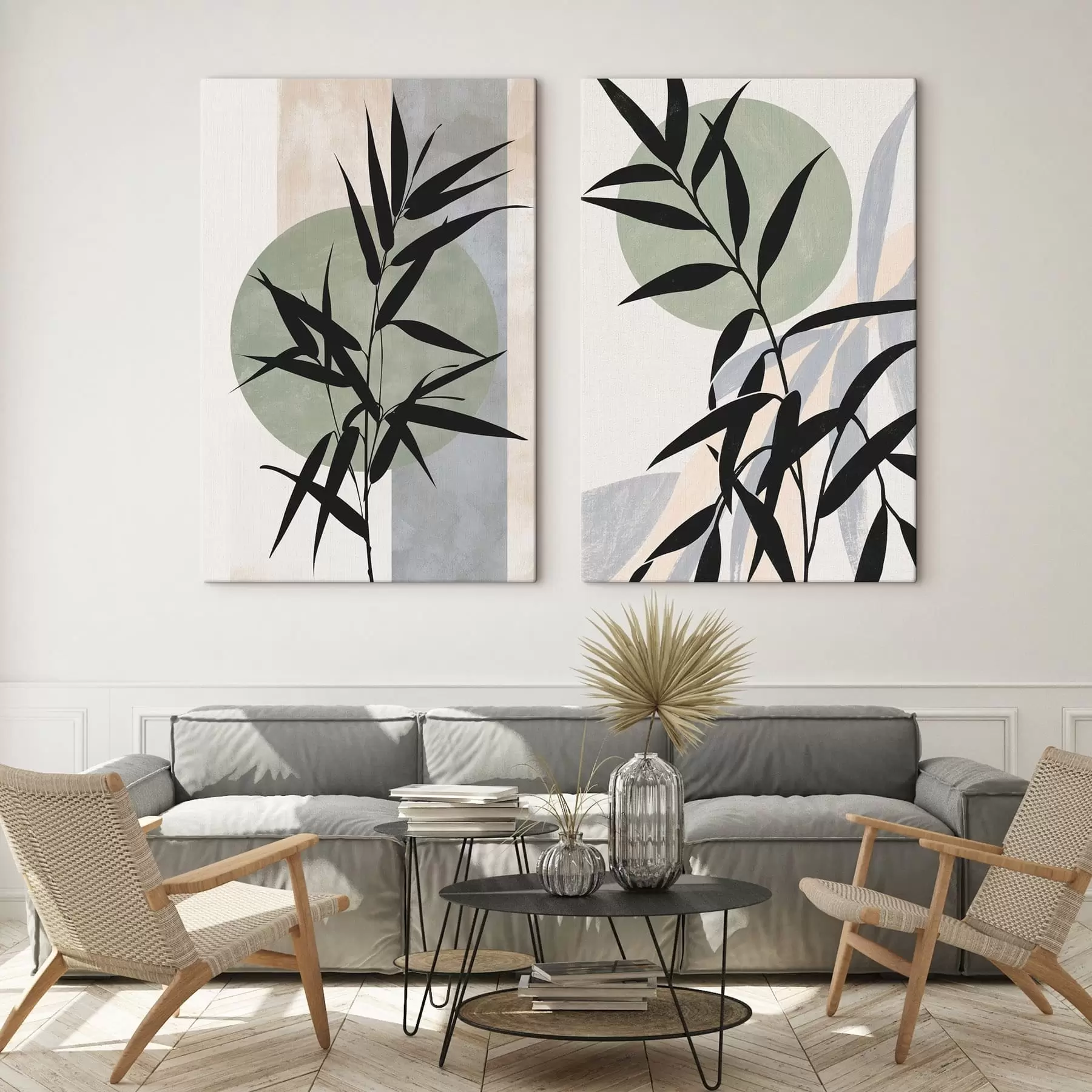Tablouri O compoziție abstractă cu siluete de frunze și cercuri m30525
