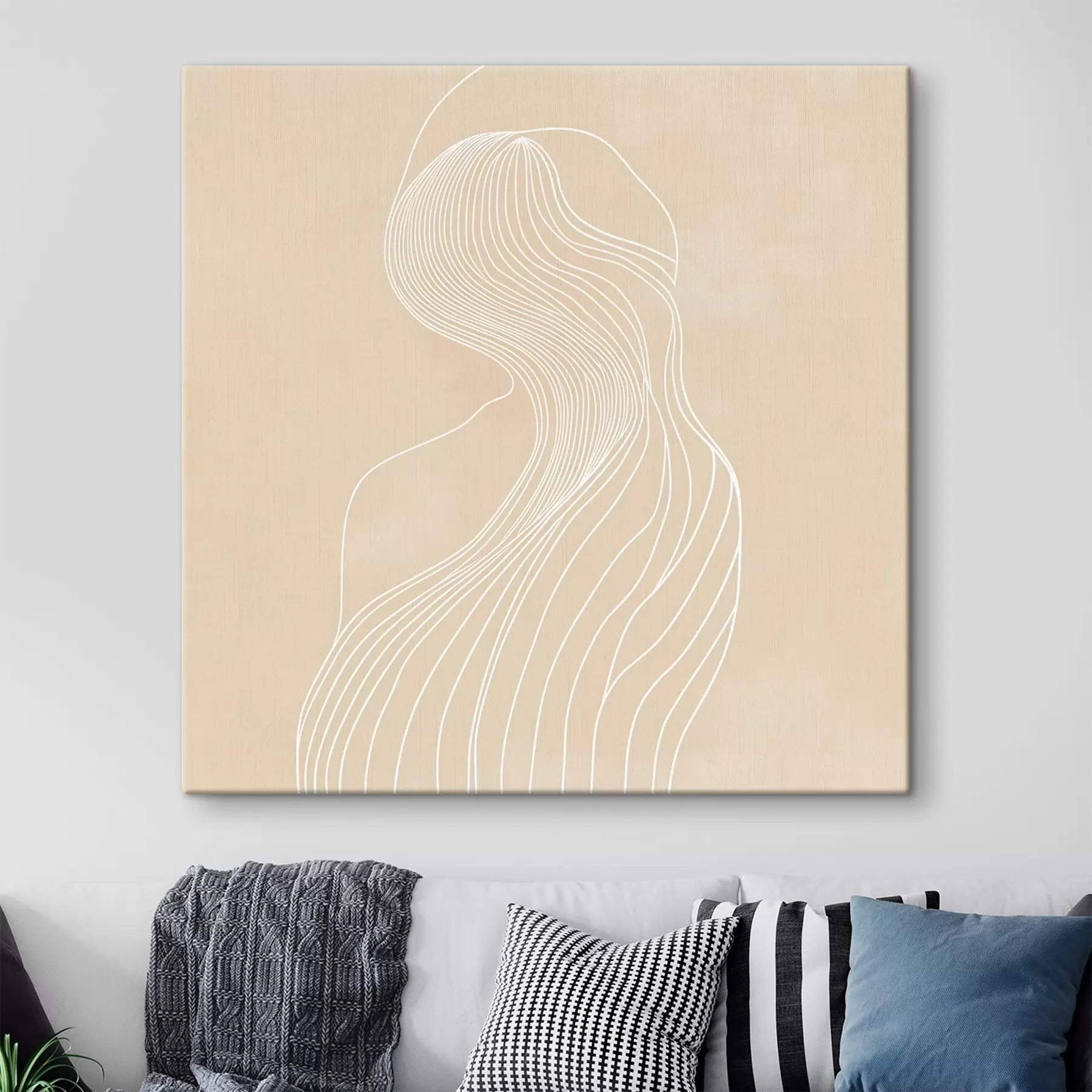 Tablouri Siluetă feminină abstractă, conturată cu linii albe, în stil minimalist s48875