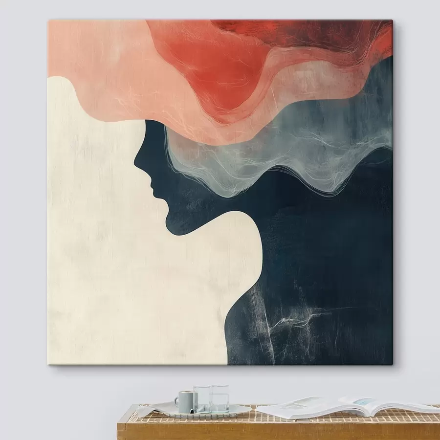 Tablouri Siluetă feminină abstractă, cu valuri de culoare coral și albastru, într-un stil minimalist s48882