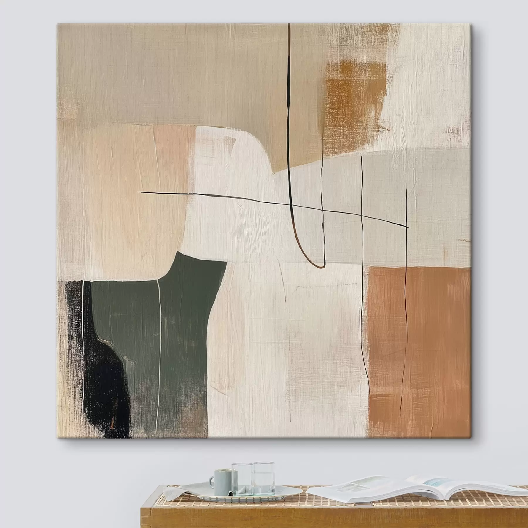 Tablouri Pictură abstractă de interior în nuanțe de pastel, ocru și măslin s48889