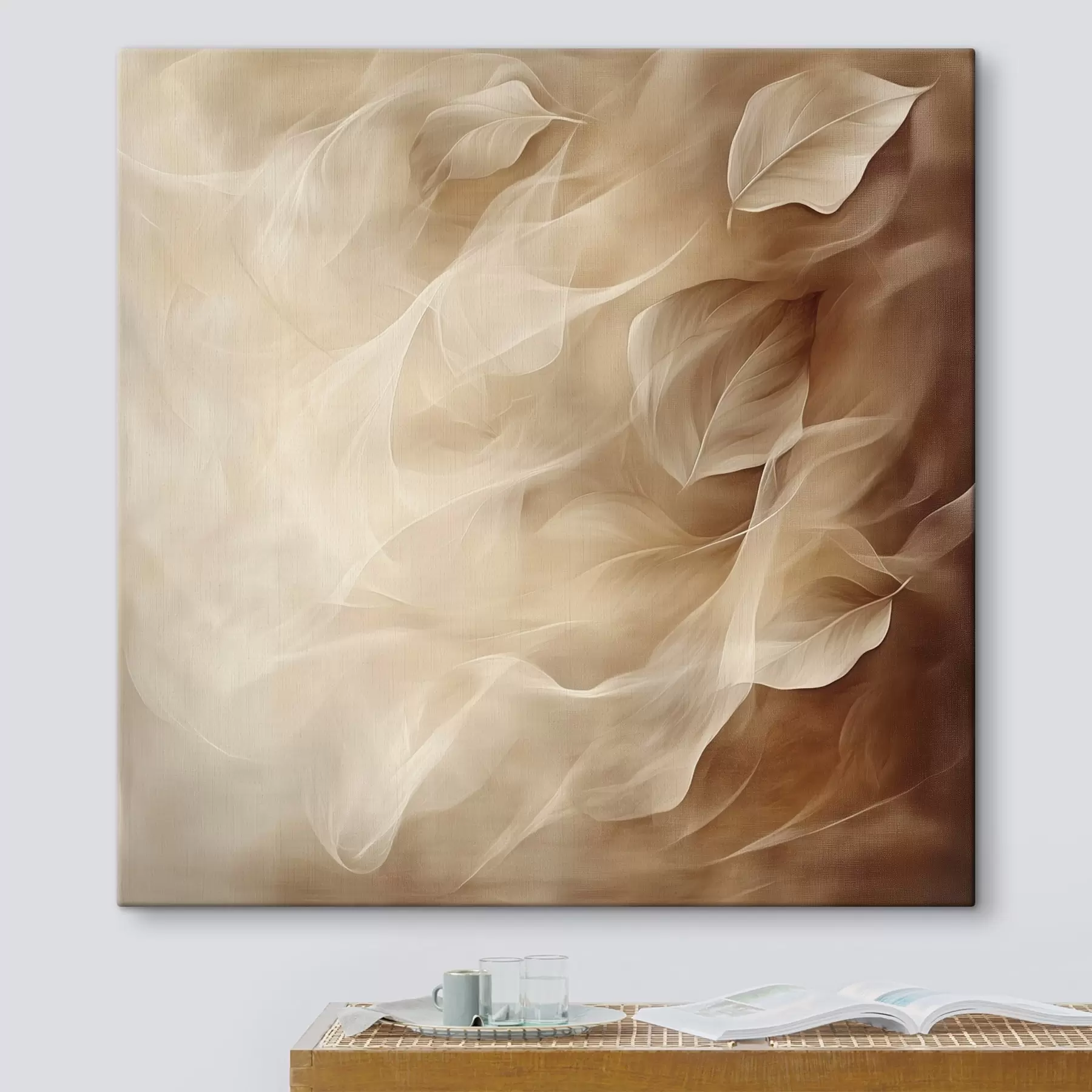 Tablouri Frunze delicate într-o paletă de culori bej-maro, redate într-un stil pictural contemporan s48892