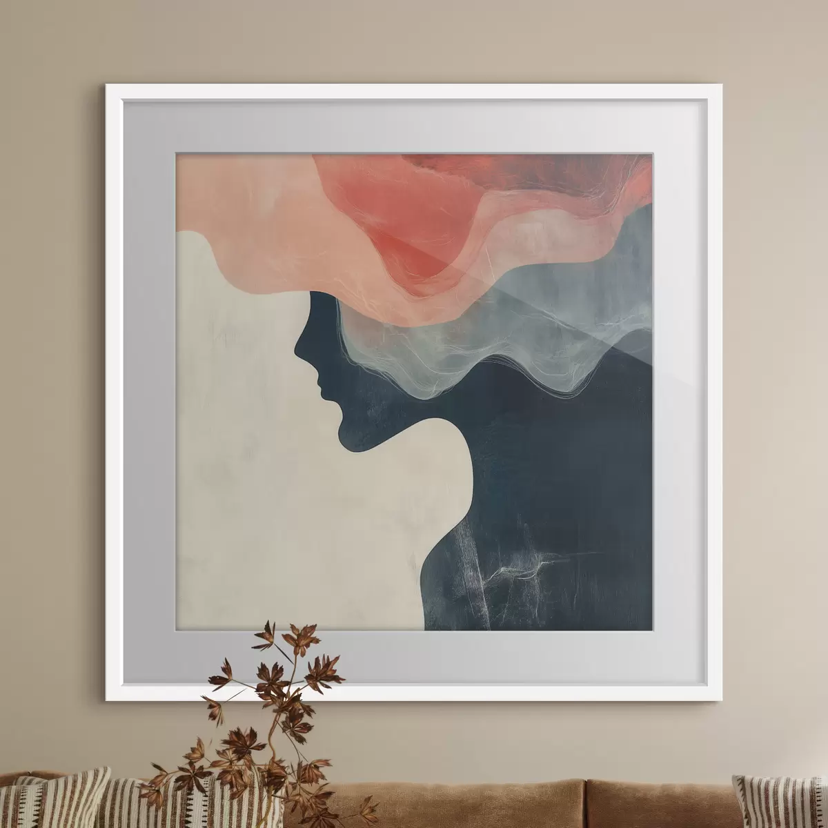 Poster Siluetă feminină abstractă, cu valuri de culoare coral și albastru, într-un stil minimalist f48882