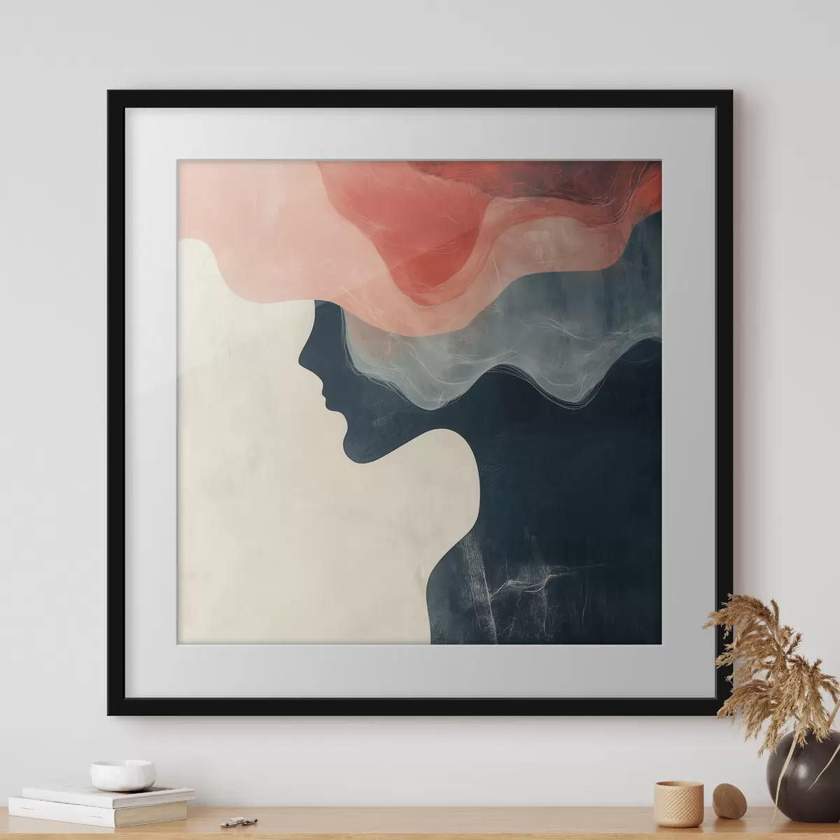 Poster Siluetă feminină abstractă, cu valuri de culoare coral și albastru, într-un stil minimalist f48882