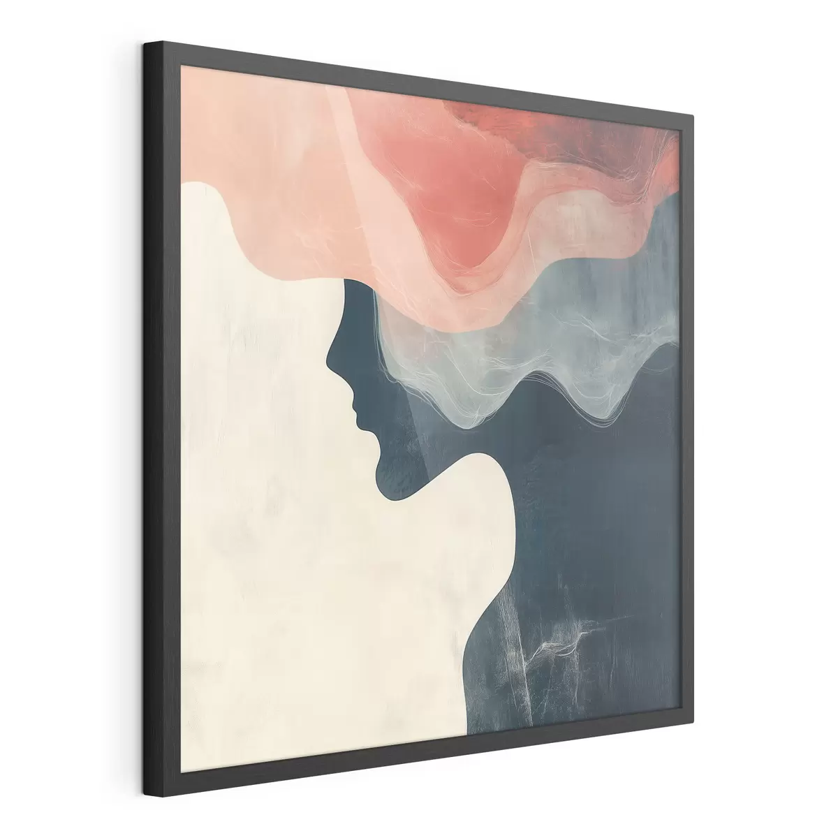 Poster Siluetă feminină abstractă, cu valuri de culoare coral și albastru, într-un stil minimalist f48882