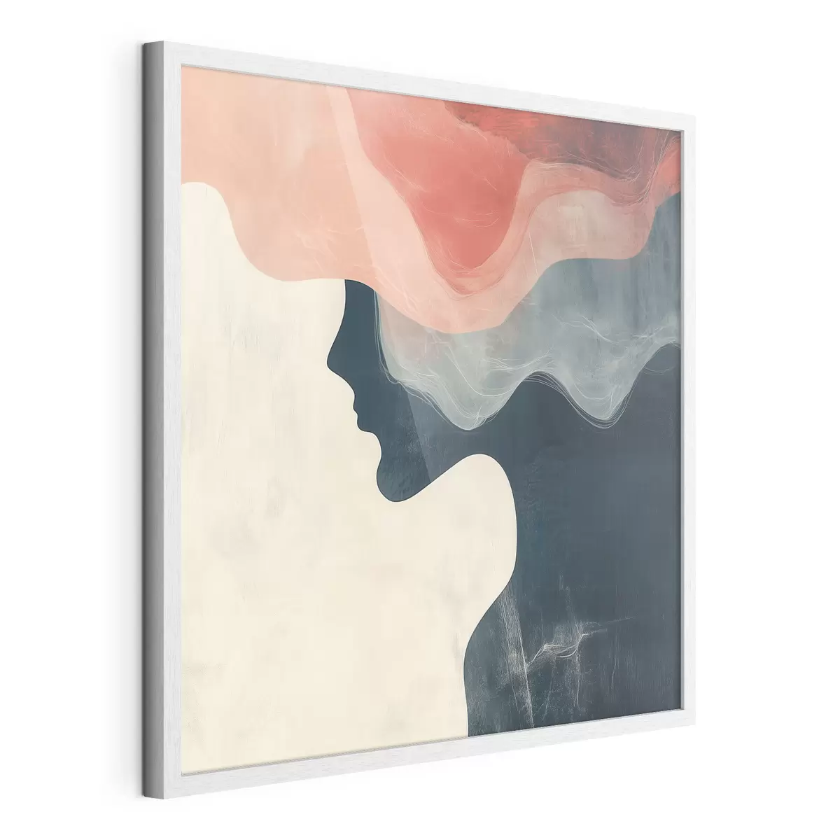 Poster Siluetă feminină abstractă, cu valuri de culoare coral și albastru, într-un stil minimalist f48882