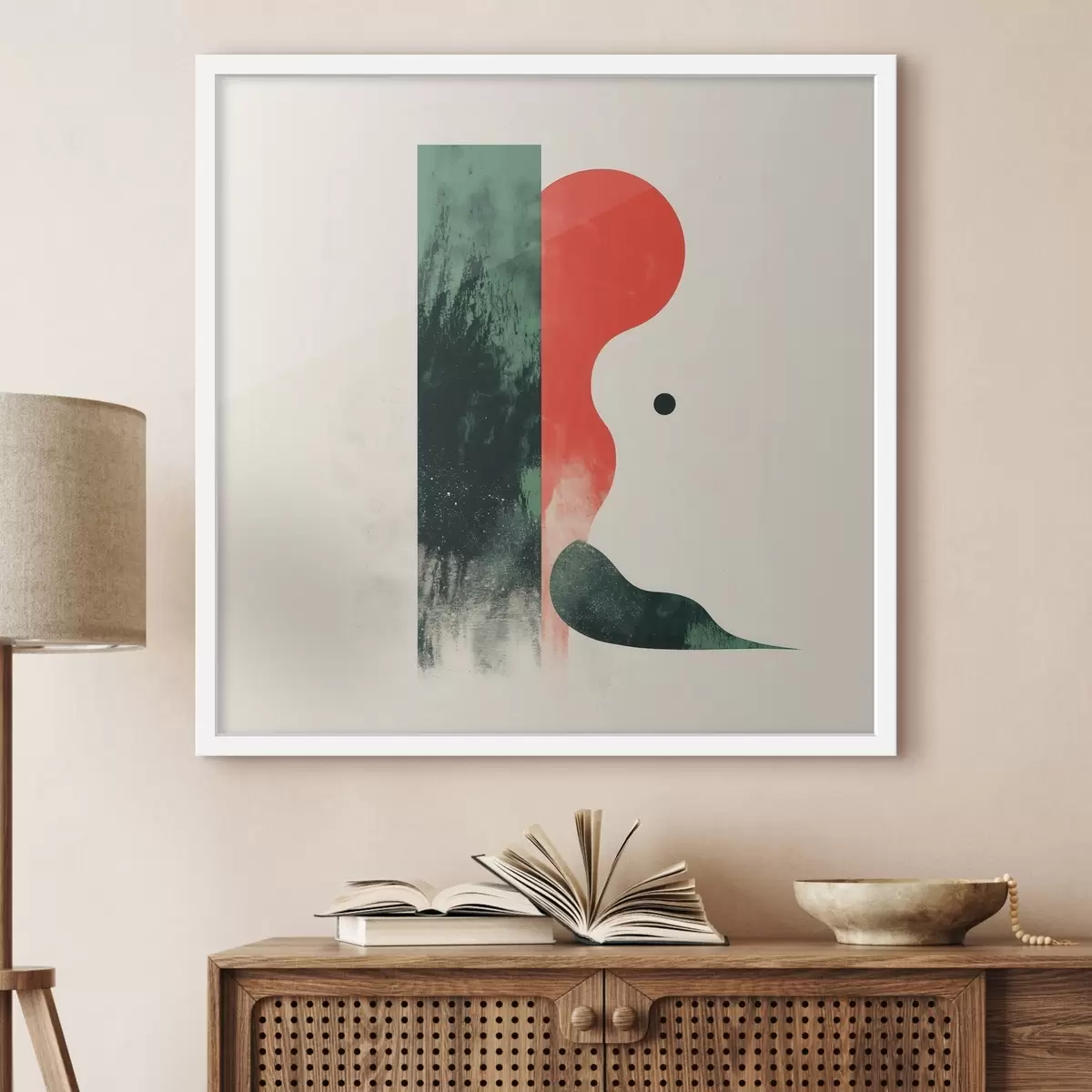 Poster Compoziție geometrică contemporană cu forme abstracte în roșu și verde f48888