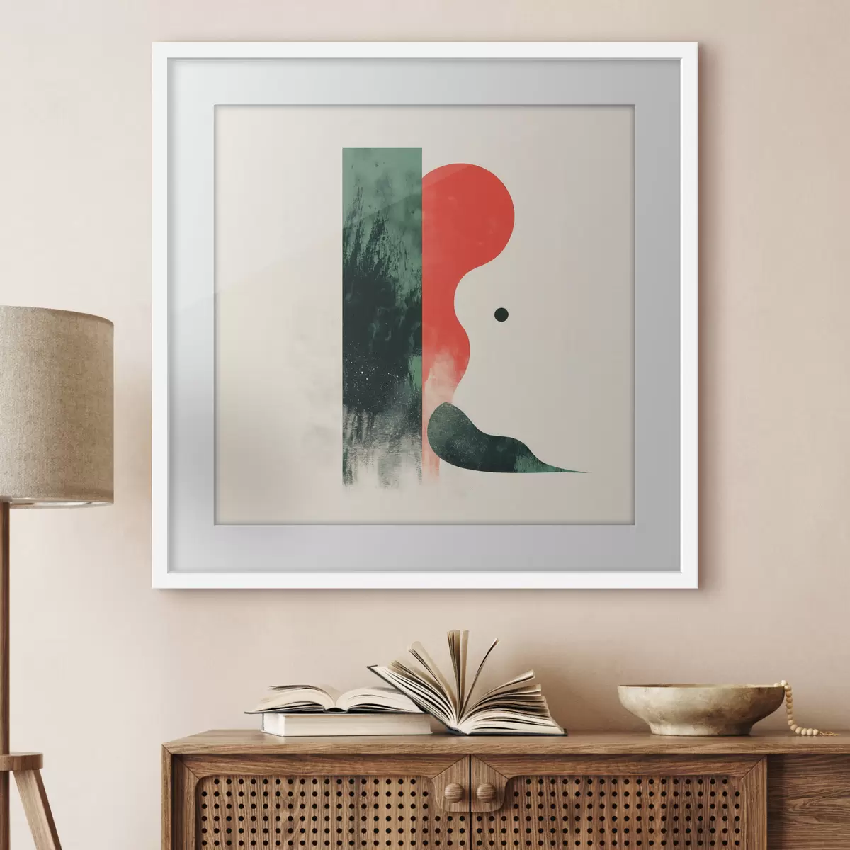 Poster Compoziție geometrică contemporană cu forme abstracte în roșu și verde f48888