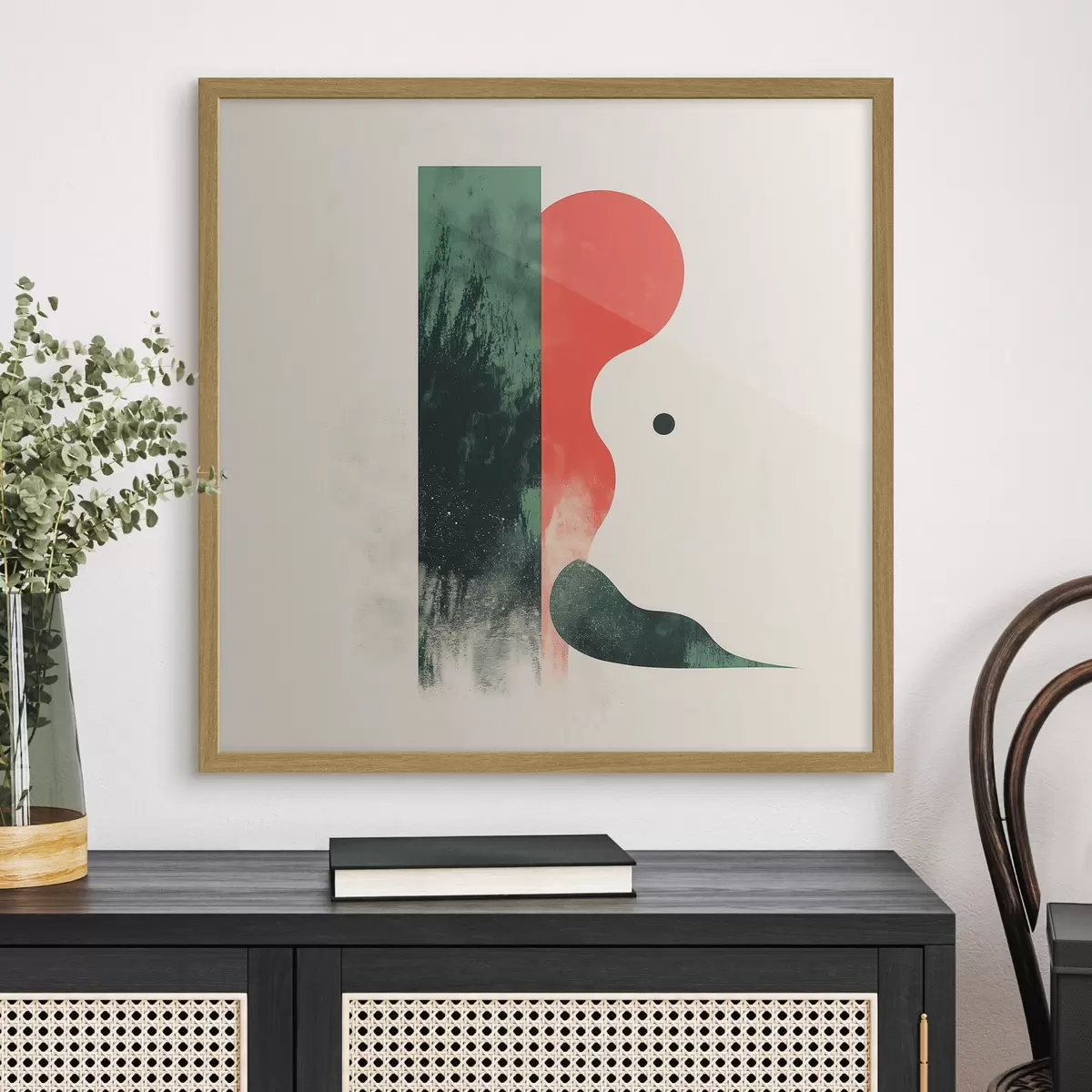 Poster Compoziție geometrică contemporană cu forme abstracte în roșu și verde f48888