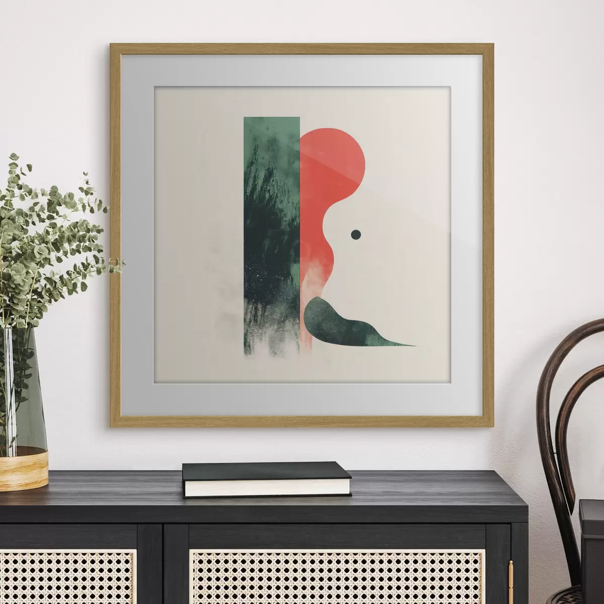 Poster Compoziție geometrică contemporană cu forme abstracte în roșu și verde f48888