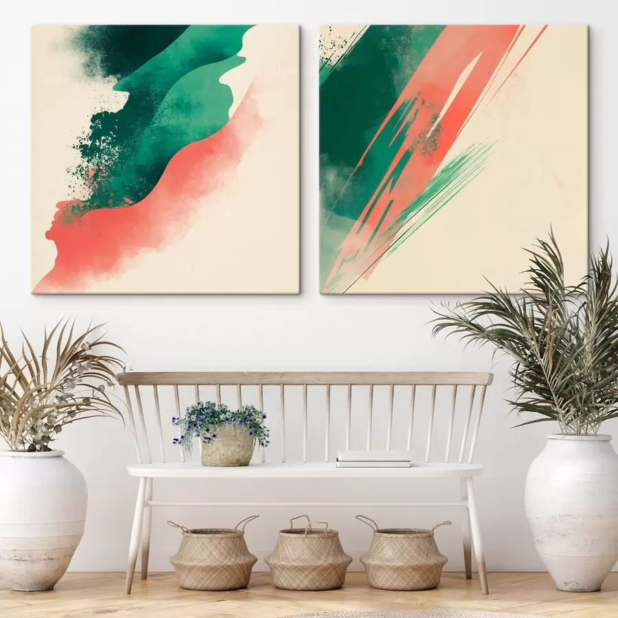 fototapet Diptych abstract cu tușe expresive în nuanțe de coral și smarald pe un fundal deschis m30369