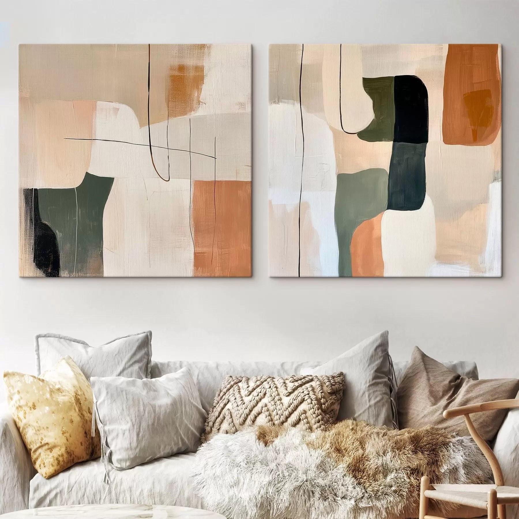 Tablouri Diptych geometric abstract, într-o paletă caldă de bej-teracotă, cu accente de măslin m30371