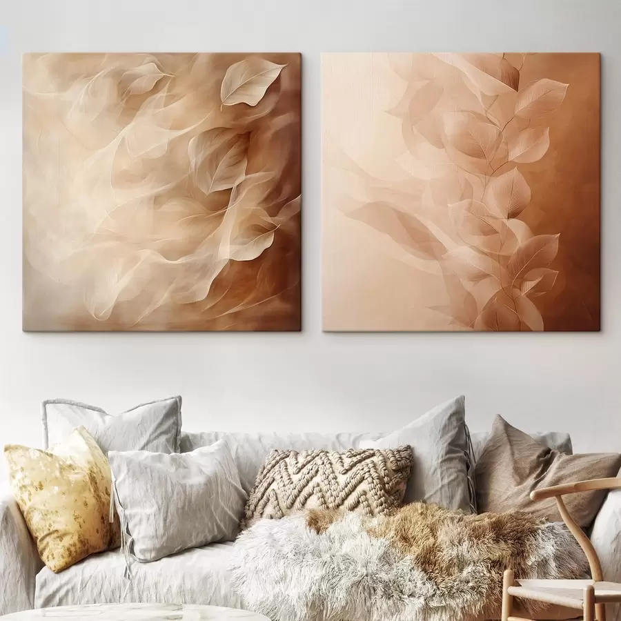 fototapet Diptych floral cu frunze semitransparente în nuanțe calde de maro-cafea m30372