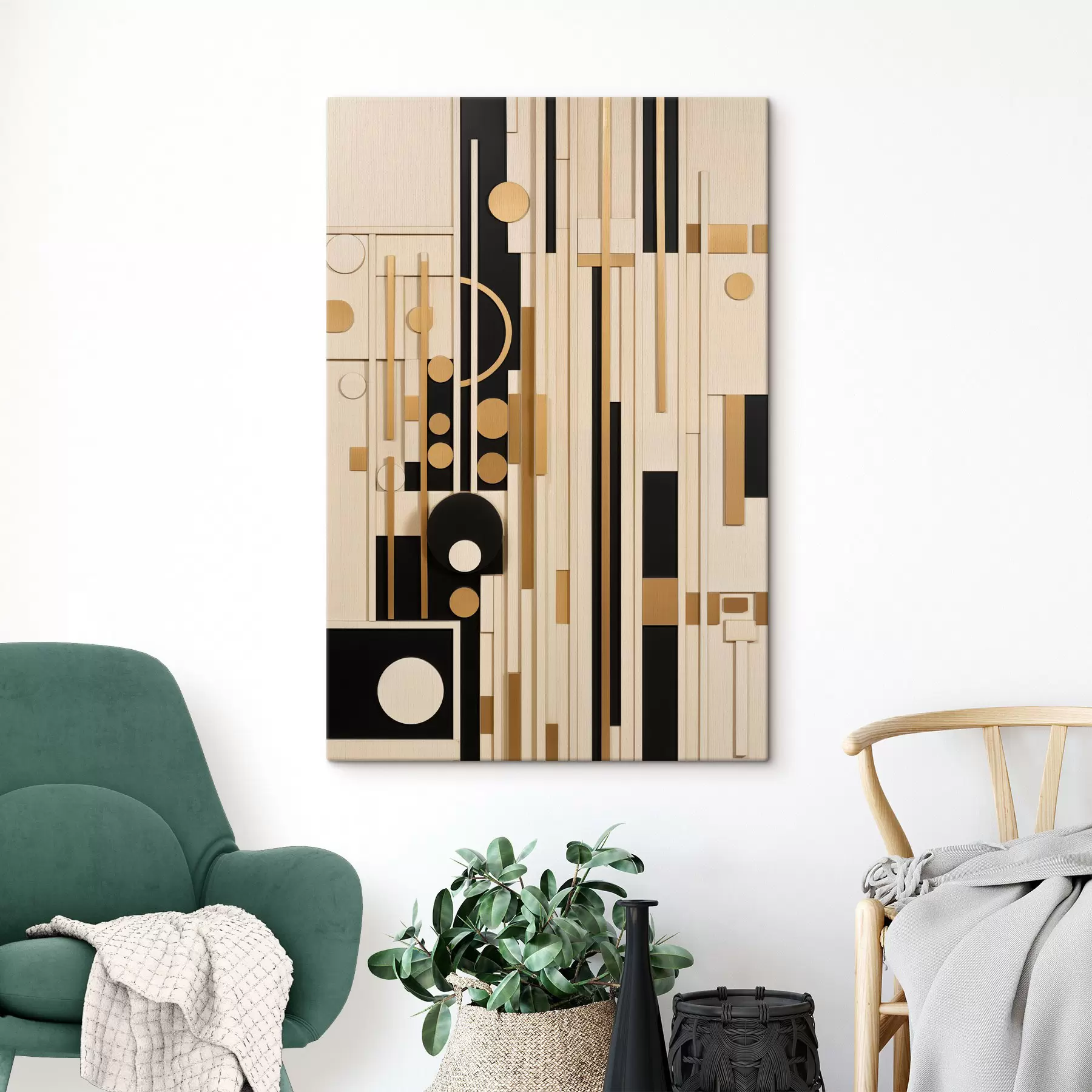 Tablouri O compoziție geometrică abstractă cu cercuri, dreptunghiuri și linii verticale s49482