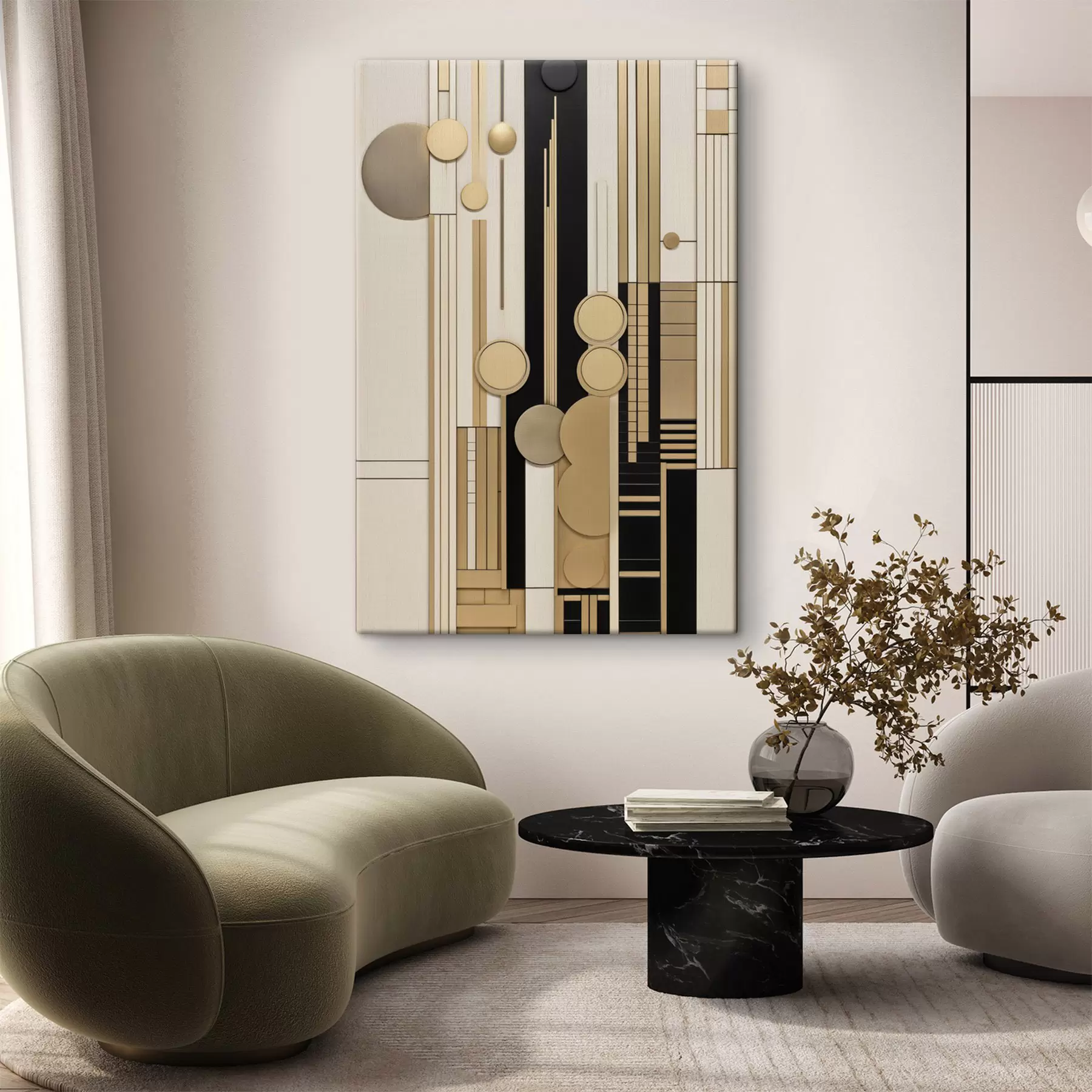Tablouri O compoziție geometrică abstractă cu cercuri, dreptunghiuri și linii verticale s49483