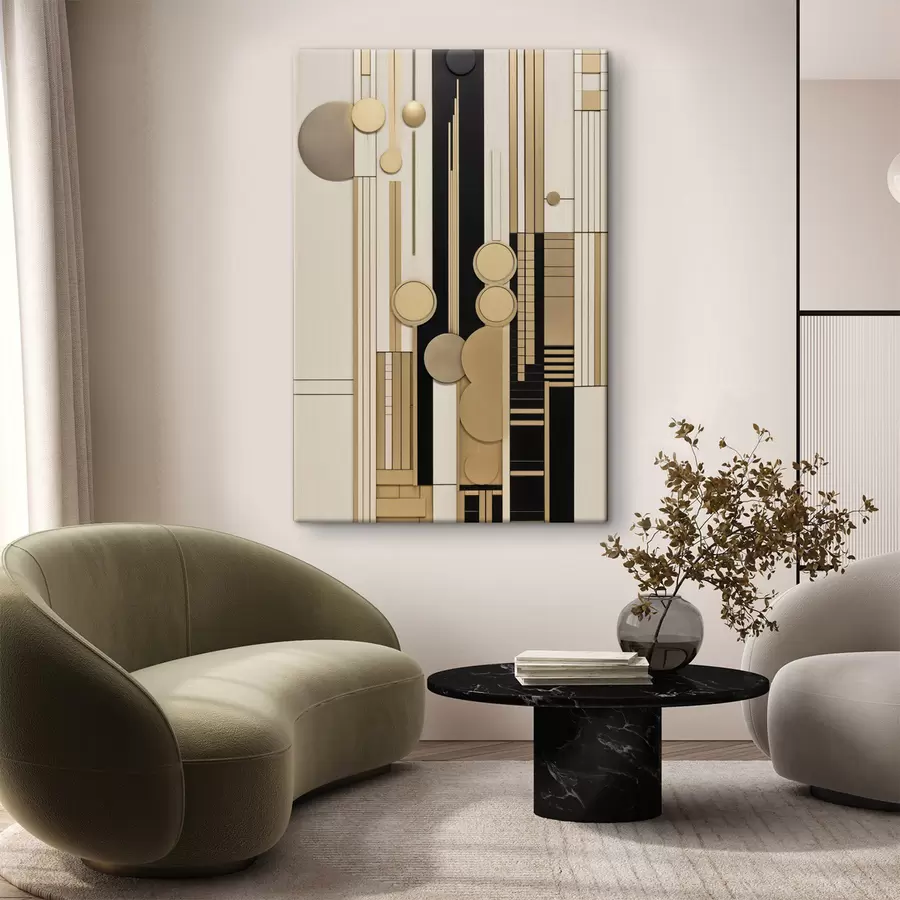 Tablouri O compoziție geometrică abstractă cu cercuri, dreptunghiuri și linii verticale s49483
