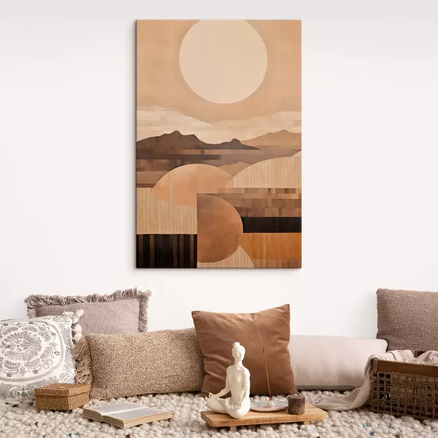 Tablouri Un peisaj minimalist cu forme geometrice, munți în nuanțe de sepia s49484