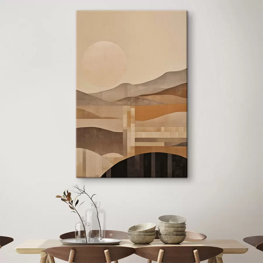 Tablouri Un peisaj minimalist cu forme geometrice, munți în nuanțe de sepia s49485