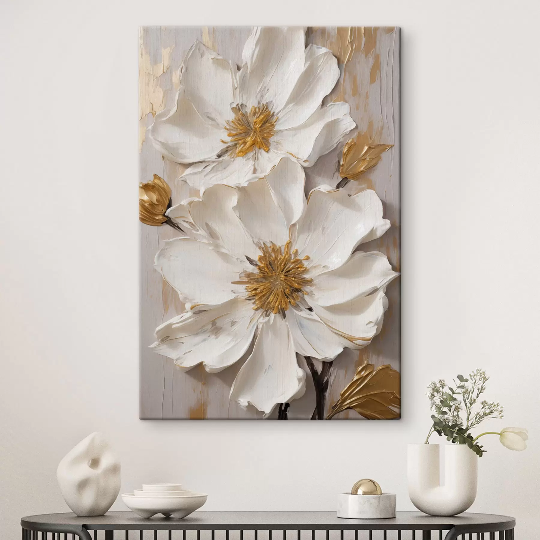 Tablouri Flori albe cu textură, cu petale delicate și fundal abstract s49487