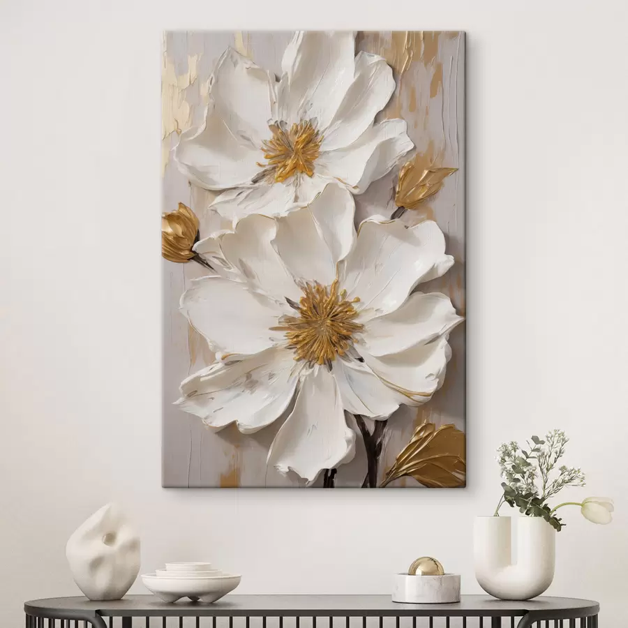 Tablouri Flori albe cu textură, cu petale delicate și fundal abstract s49487