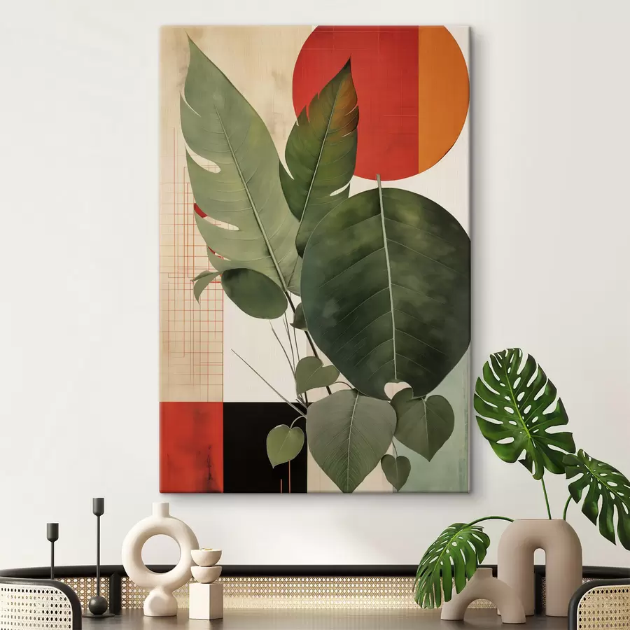 Tablouri Frunze mari pe un fundal geometric, în stilul artei moderne abstracte s49490