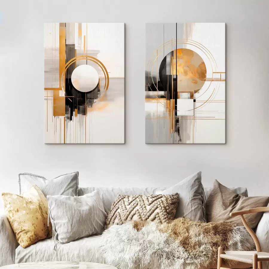 Tablouri Forme geometrice abstracte și cercuri cu accente galbene, artă texturată m30576