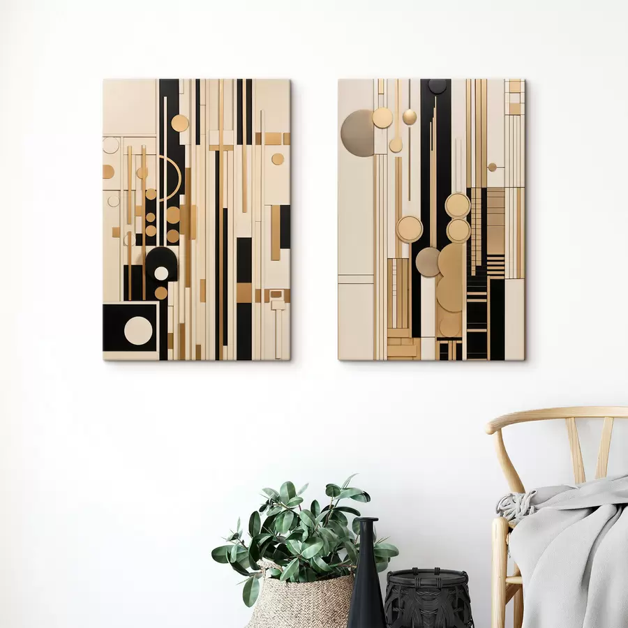 Tablouri O compoziție geometrică abstractă cu cercuri, dreptunghiuri și linii verticale m30577