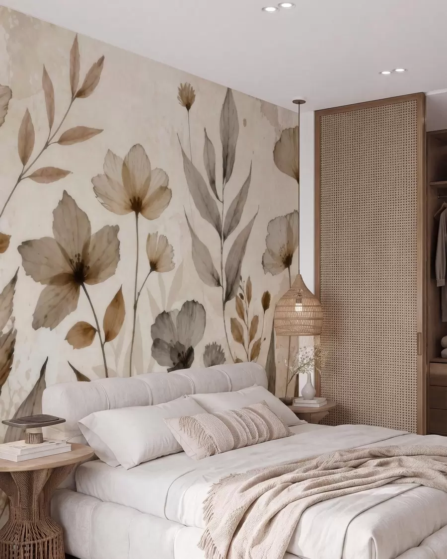 fototapet Flori de câmp delicate, pictate în acuarelă, într-o paletă de culori delicate, în nuanțe de bej și crem w09875