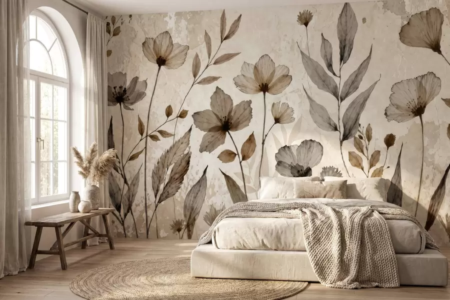 fototapet Flori de câmp delicate, pictate în acuarelă, într-o paletă de culori delicate, în nuanțe de bej și crem w09875