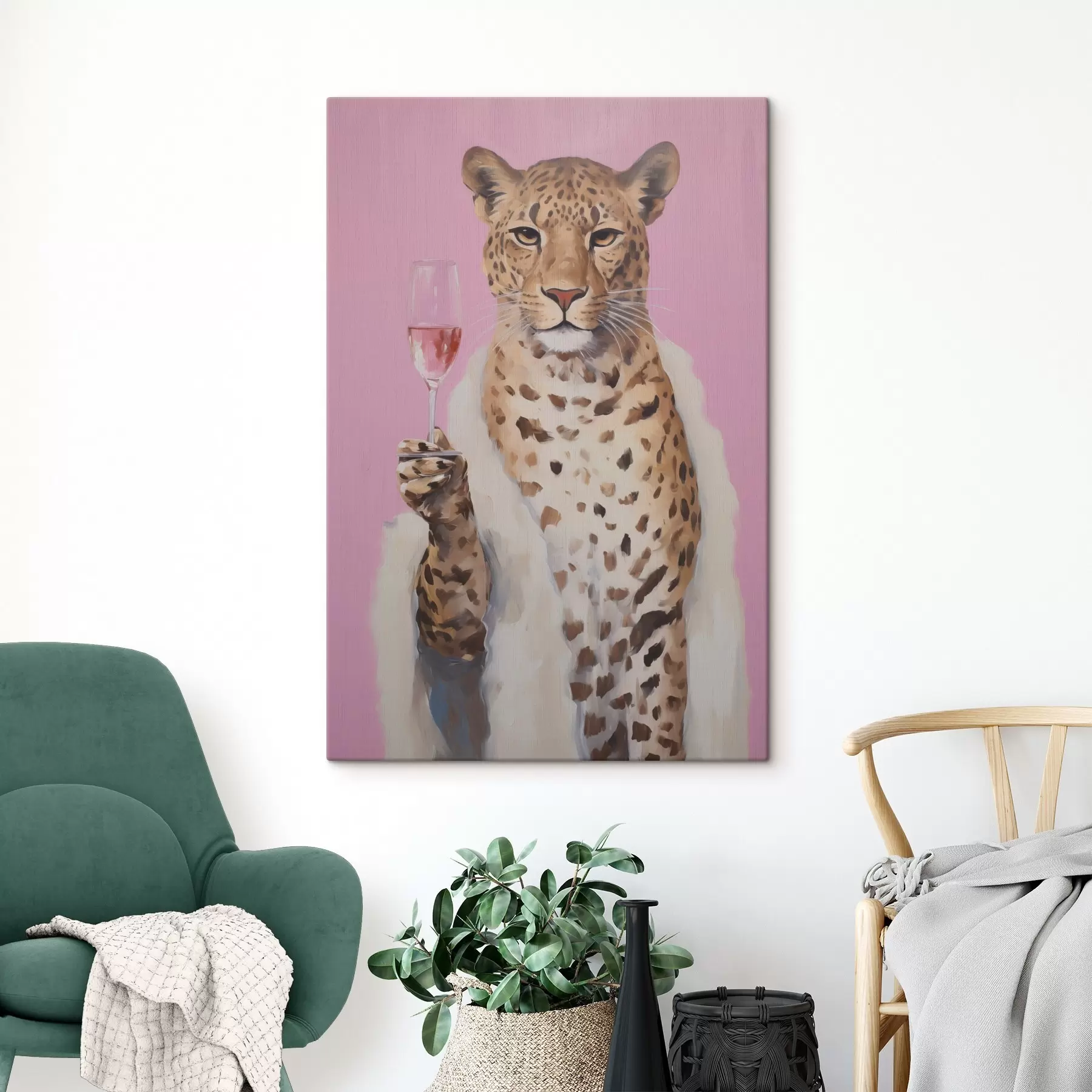 Tablouri Pictură reprezentând un leopard cu un pahar s49510