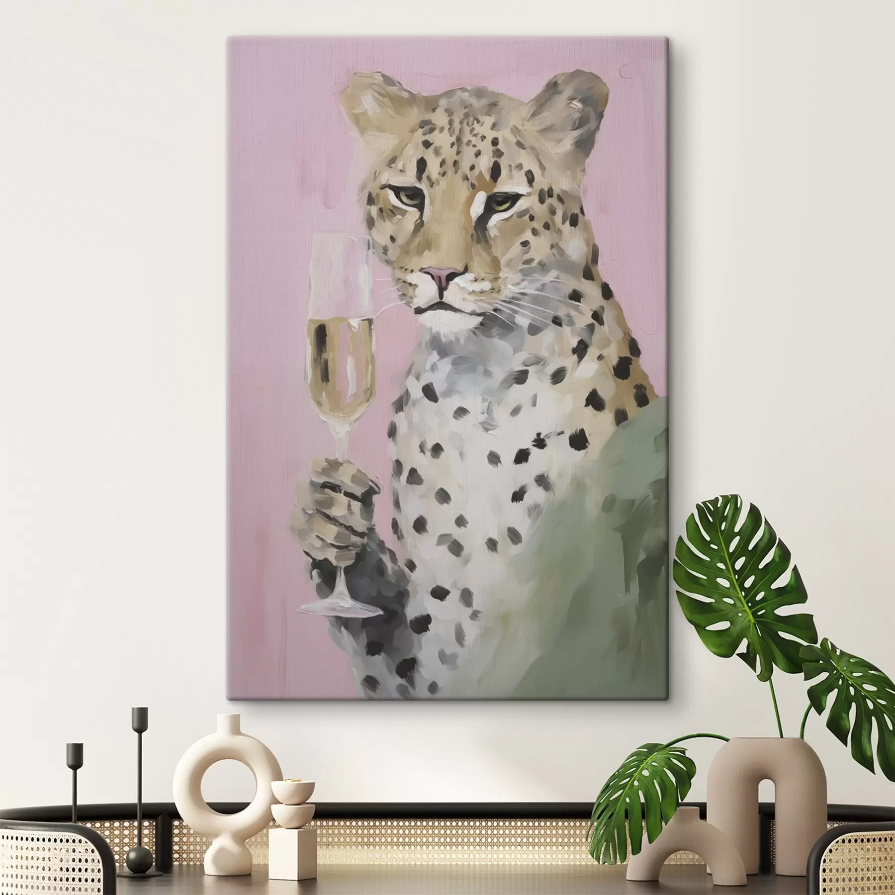 Tablouri Tablou reprezentând un leopard ținând un pahar s49511
