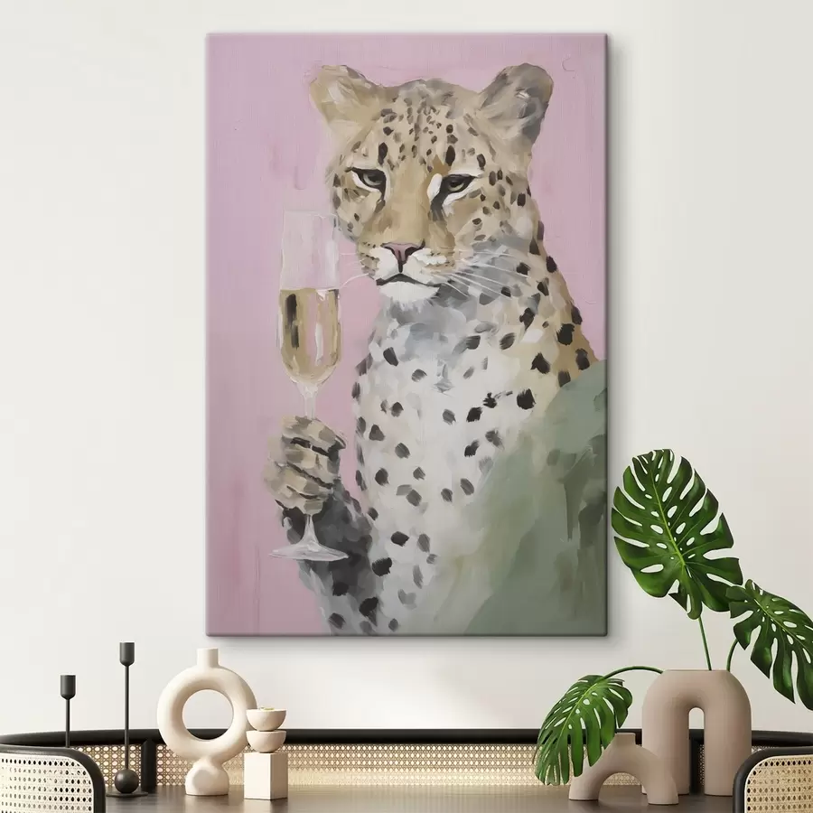 Tablouri Tablou reprezentând un leopard ținând un pahar s49511