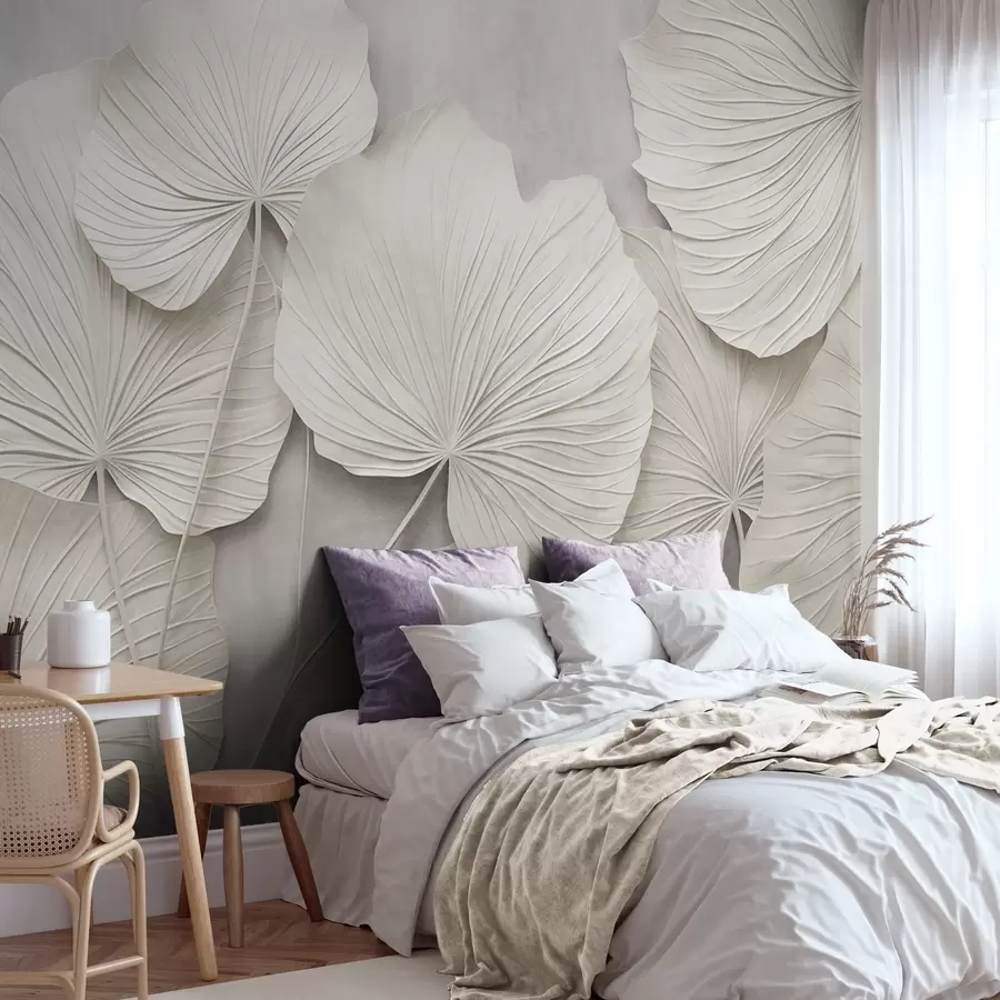 fototapet Frunze mari, cu textură, pe un fundal delicat și discret, artă modernă minimalistă w09897