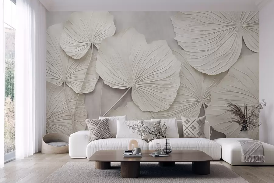 fototapet Frunze mari, cu textură, pe un fundal delicat și discret, artă modernă minimalistă w09897