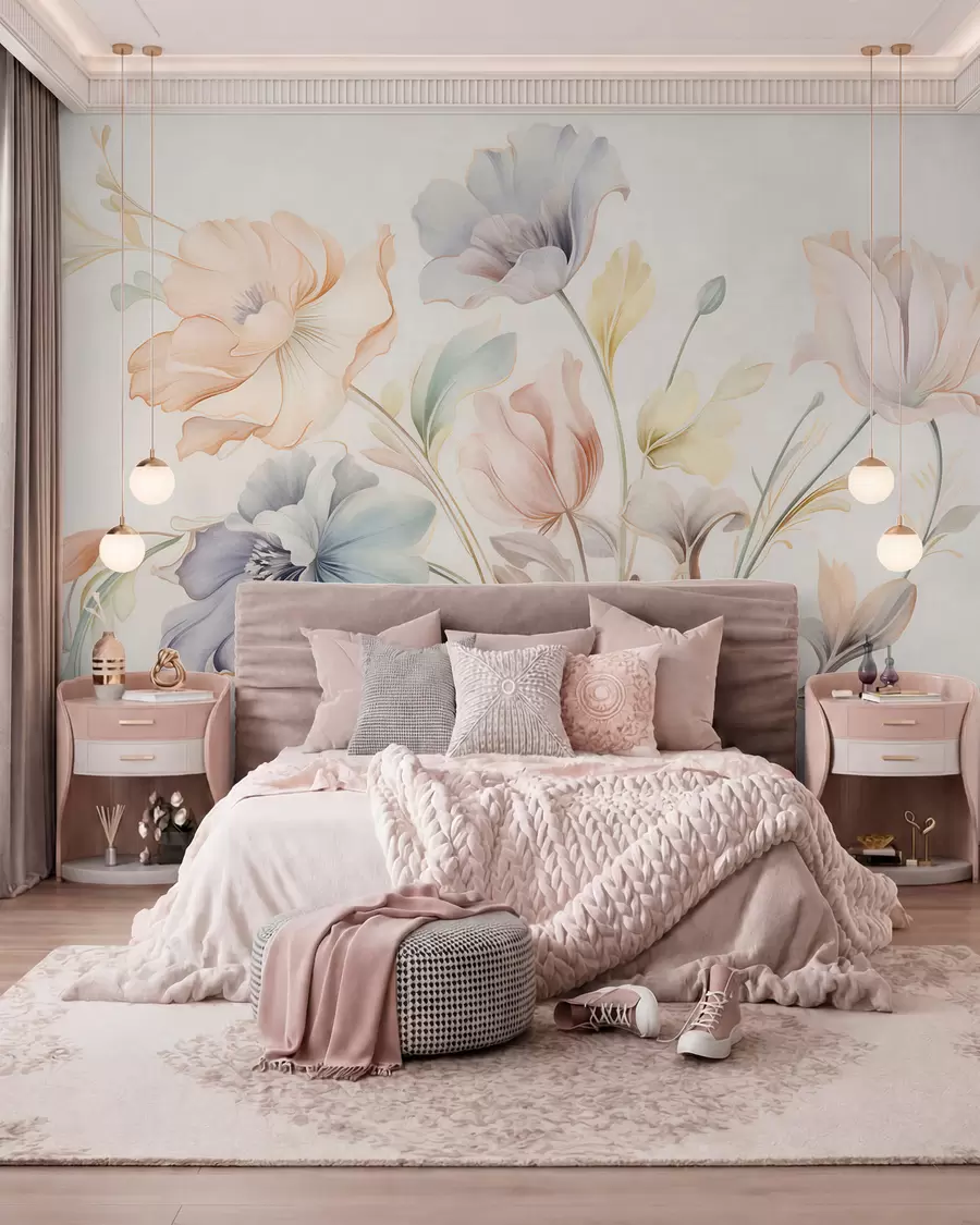 fototapet Flori delicate în nuanțe pastelate de roz, albastru și galben, cu frunze verzi, pe un fundal deschis w09898