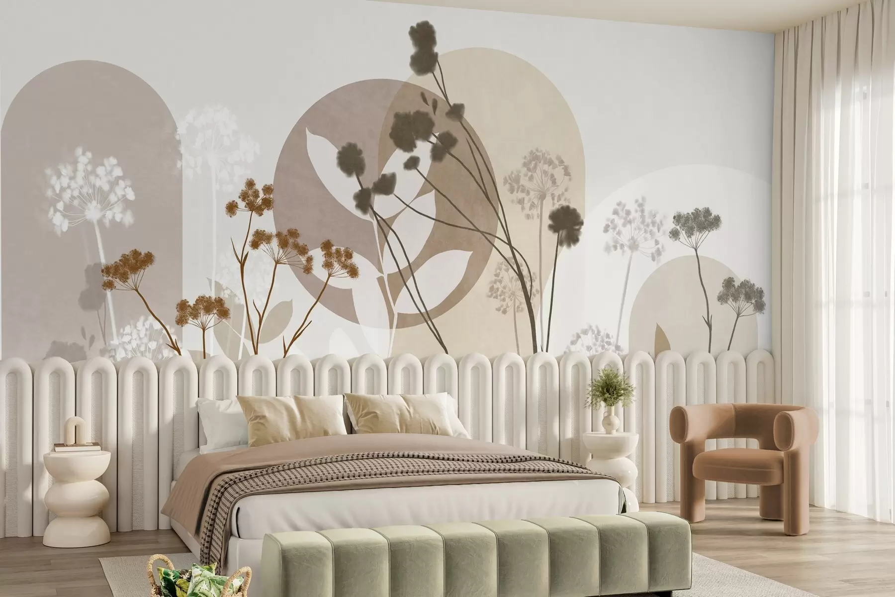 fototapet Compoziție botanică și minimalistă din flori și frunze uscate, cu elemente geometrice abstracte w09906