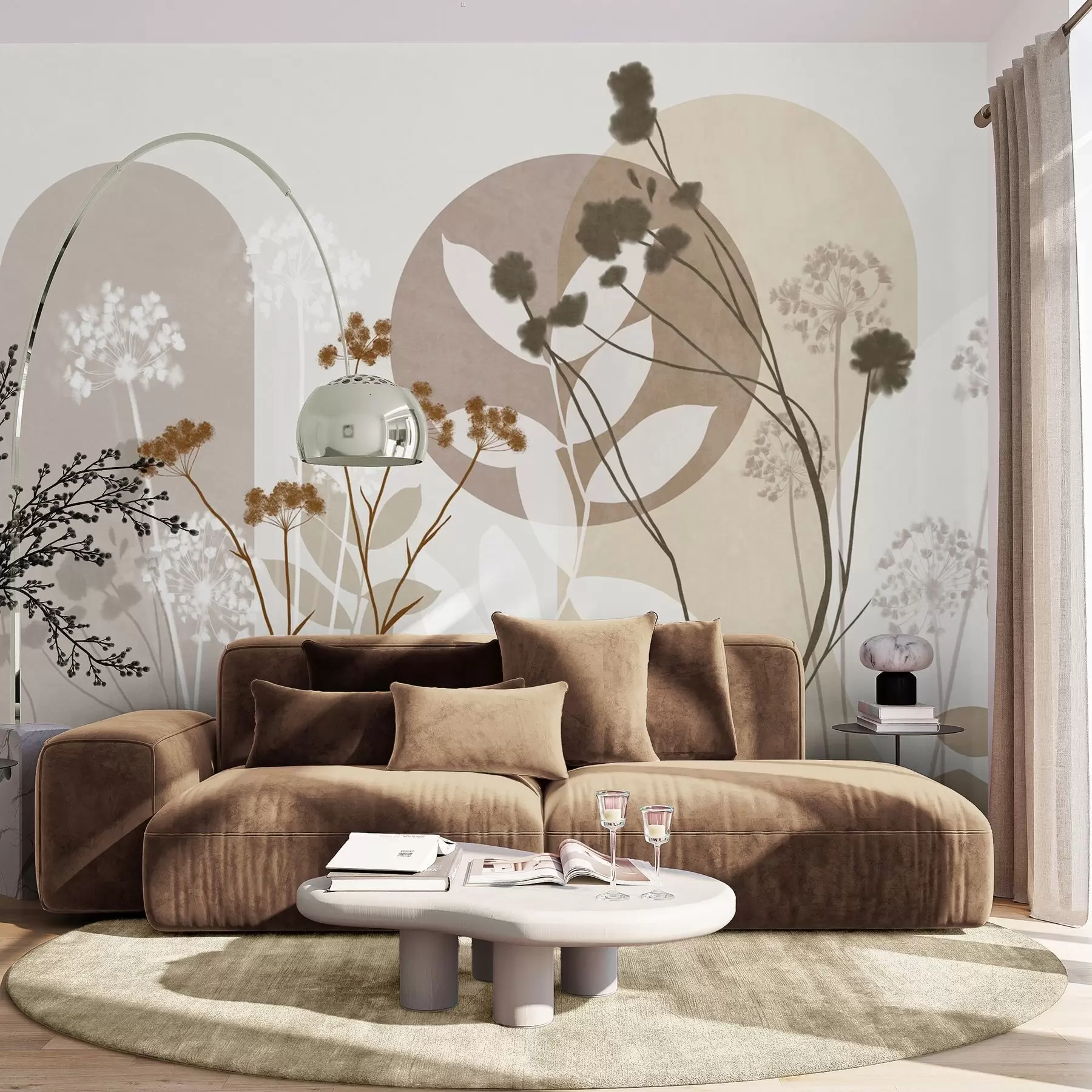 fototapet Compoziție botanică și minimalistă din flori și frunze uscate, cu elemente geometrice abstracte w09906