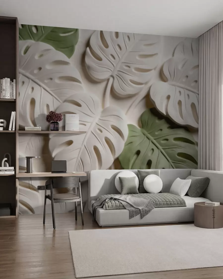 fototapet Frunze de monstera cu motive botanice în relief, în nuanțe de crem și verde w09883