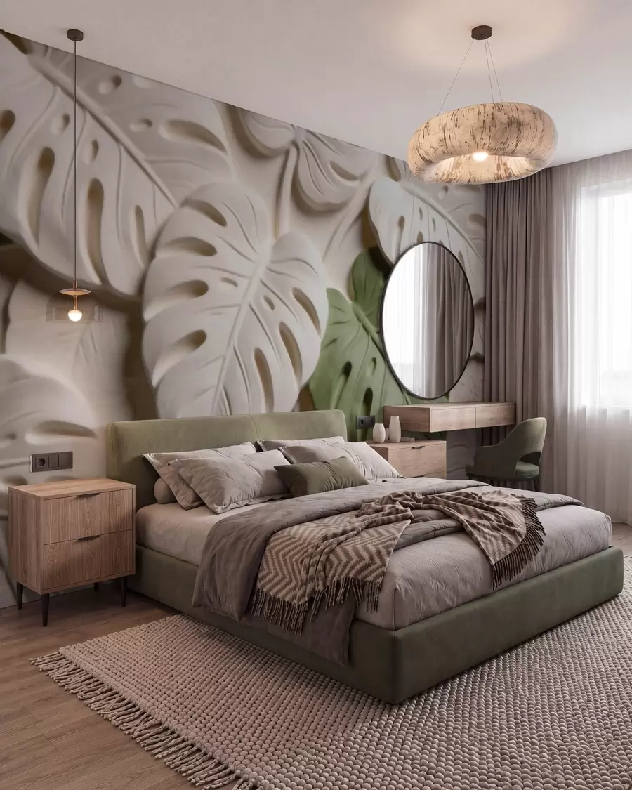 fototapet Frunze de monstera cu motive botanice în relief, în nuanțe de crem și verde w09883