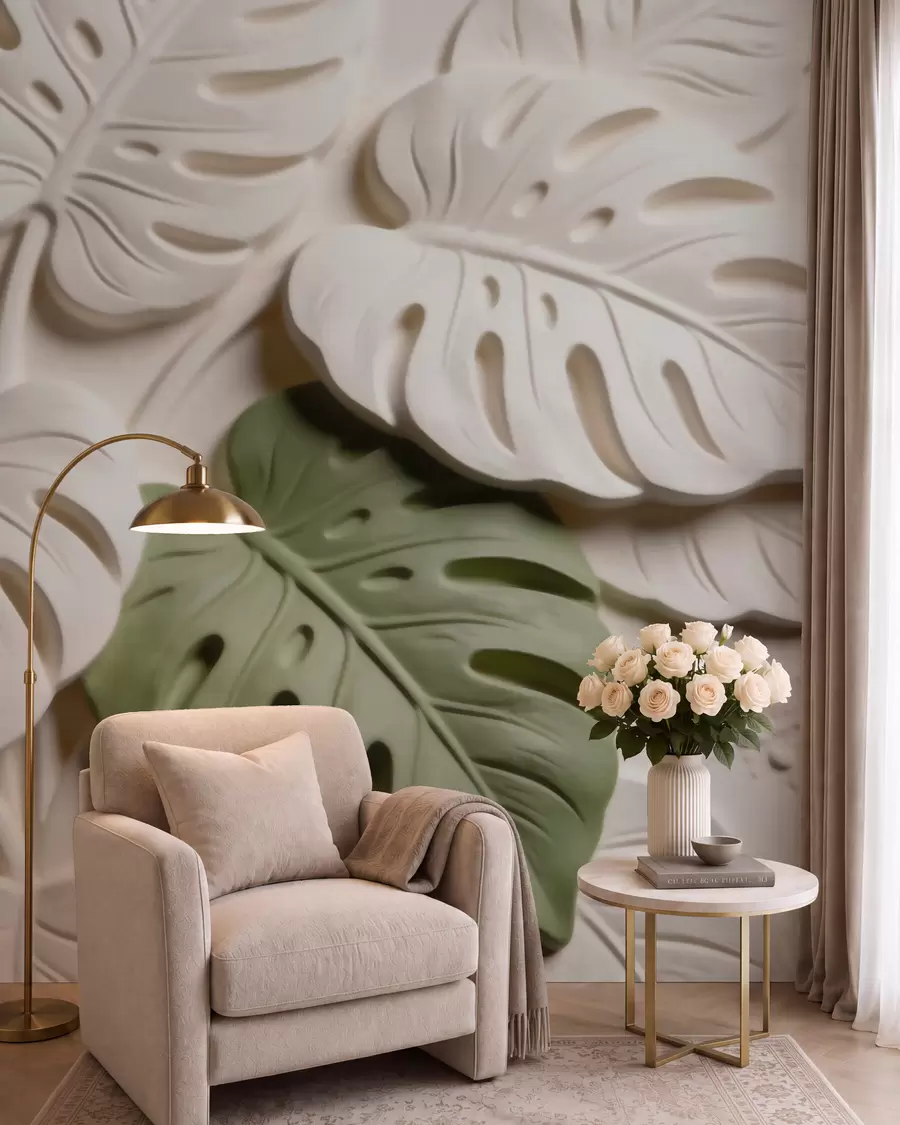 fototapet Frunze de monstera cu motive botanice în relief, în nuanțe de crem și verde w09883