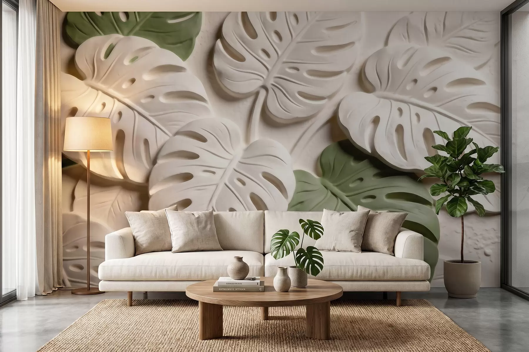 fototapet Frunze de monstera cu motive botanice în relief, în nuanțe de crem și verde w09883