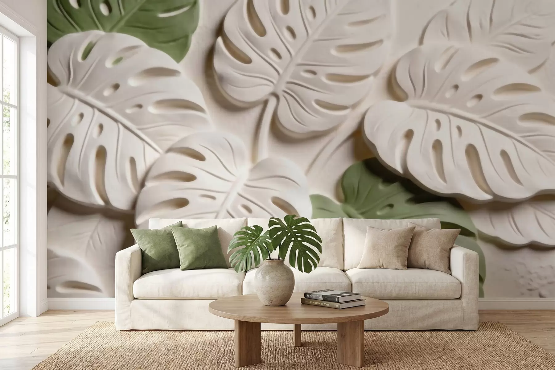 fototapet Frunze de monstera cu motive botanice în relief, în nuanțe de crem și verde w09883