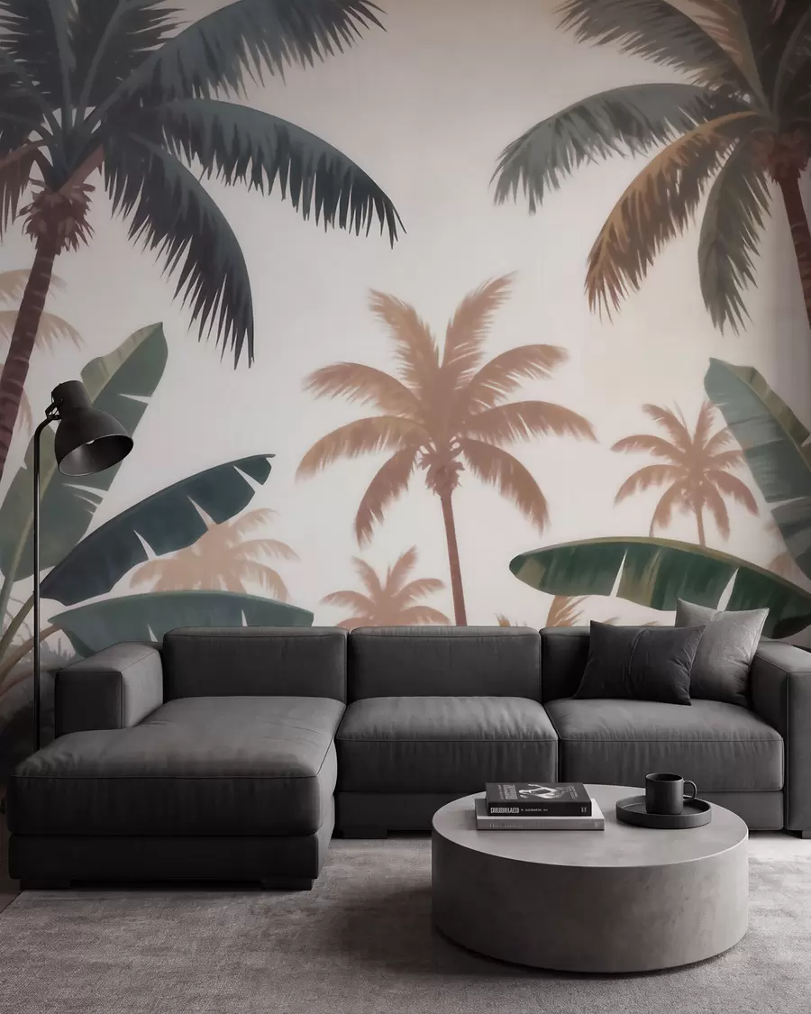 fototapet Palmieri tropicali într-o paletă de culori vintage delicate, într-o atmosferă de dimineață cețoasă w09884