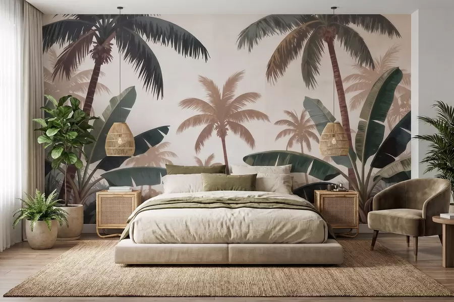 fototapet Palmieri tropicali într-o paletă de culori vintage delicate, într-o atmosferă de dimineață cețoasă w09884